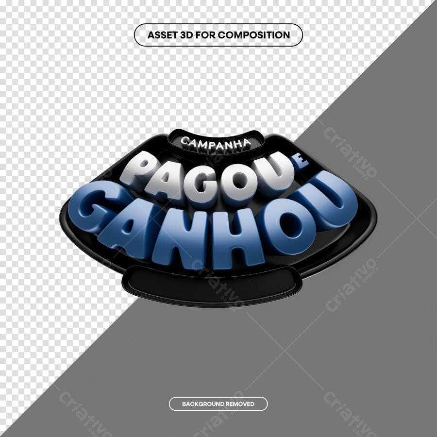 Selo 3D promocional Pagou Ganhou preto azul e branco metalizado