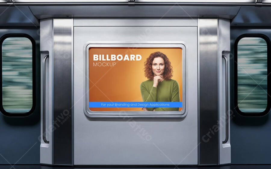 Mockup Realista de Painel Publicitário em Metrô Moderno com Mulher Sorrindo