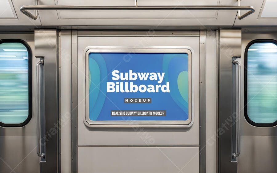 Mockup Realista de Painel Digital em Vagão de Metrô Moderno com Vidros Borrados