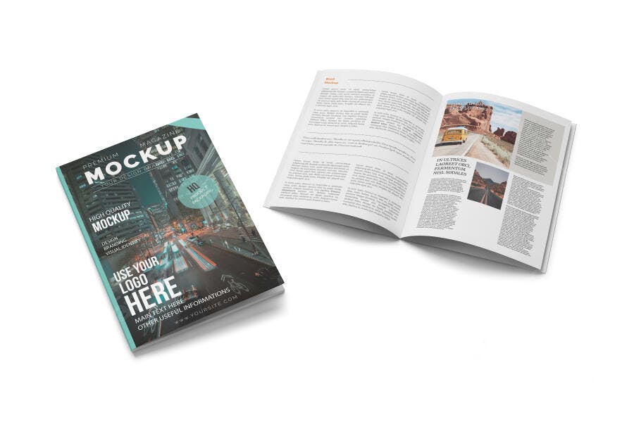 Mockup Realista de Revistas Abertas e Fechadas Estilo Empresarial Clean