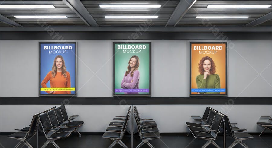 Mockup de 3 Painéis Publicitários Verticais Iluminados em Lobby com Modelos
