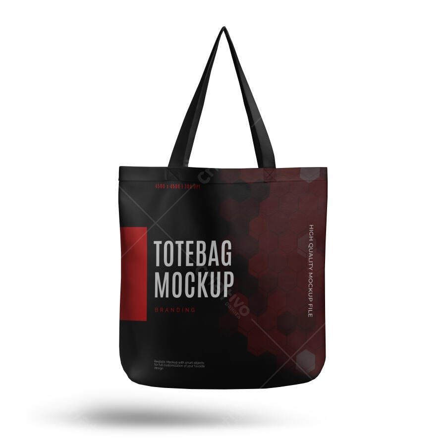 Mockup Sacola Ecológica Preta com Estampa Hexagonal Marrom Realista para Branding