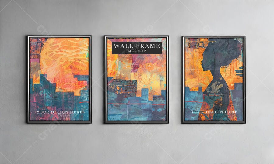 Mockup de Três Quadros de Parede Verticais com Molduras Pretas e Arte Abstrata Urbana Laranja e Azul