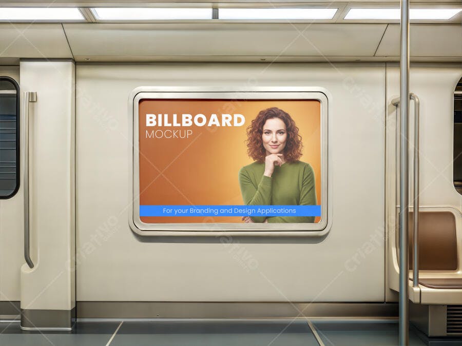 Mockup de Outdoor Interno em Metrô Moderno com Mulher Ruiva Sorrindo