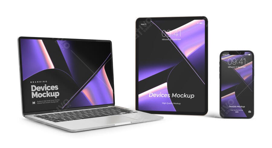 Mockup Realista de Notebook Tablet Smartphone Prateados com Telas Roxas Vibrantes