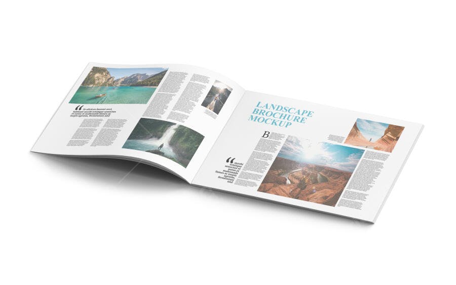 Mockup Paisagem de Brochura Aberta Realista com Conteúdo de Viagem e Natureza