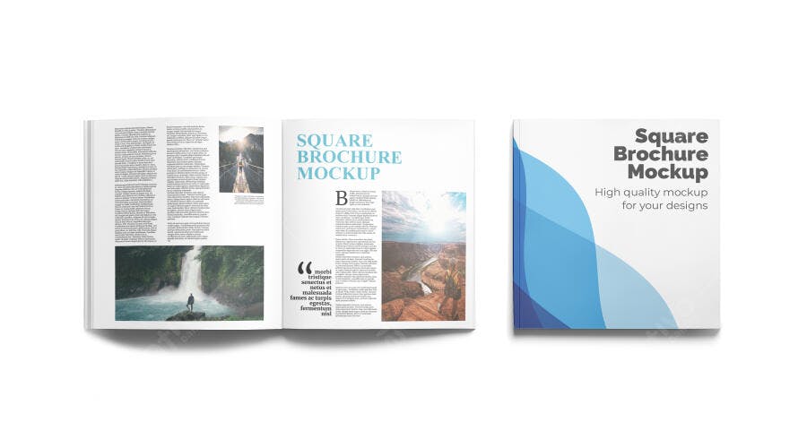 Mockup de Brochura Quadrada Dupla com Revista Aberta e Capa Fechada Realista