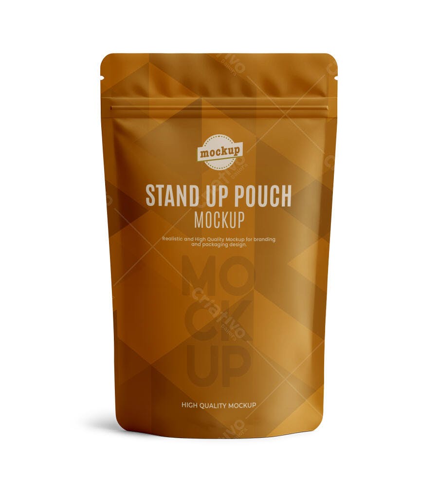 Mockup de Embalagem Stand-up Pouch Marrom Realista para Café e Produtos Granulados