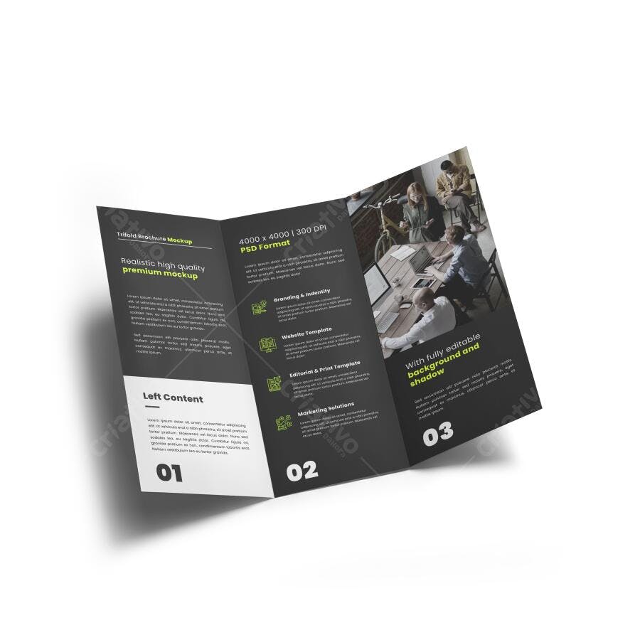 Mockup Folder Tríptico Profissional Cinza Escuro com Equipe de Negócios Realista