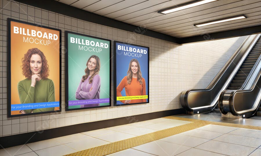 Mockup de 3 Outdoors Verticais em Estação de Metrô Urbano Realista com Modelos