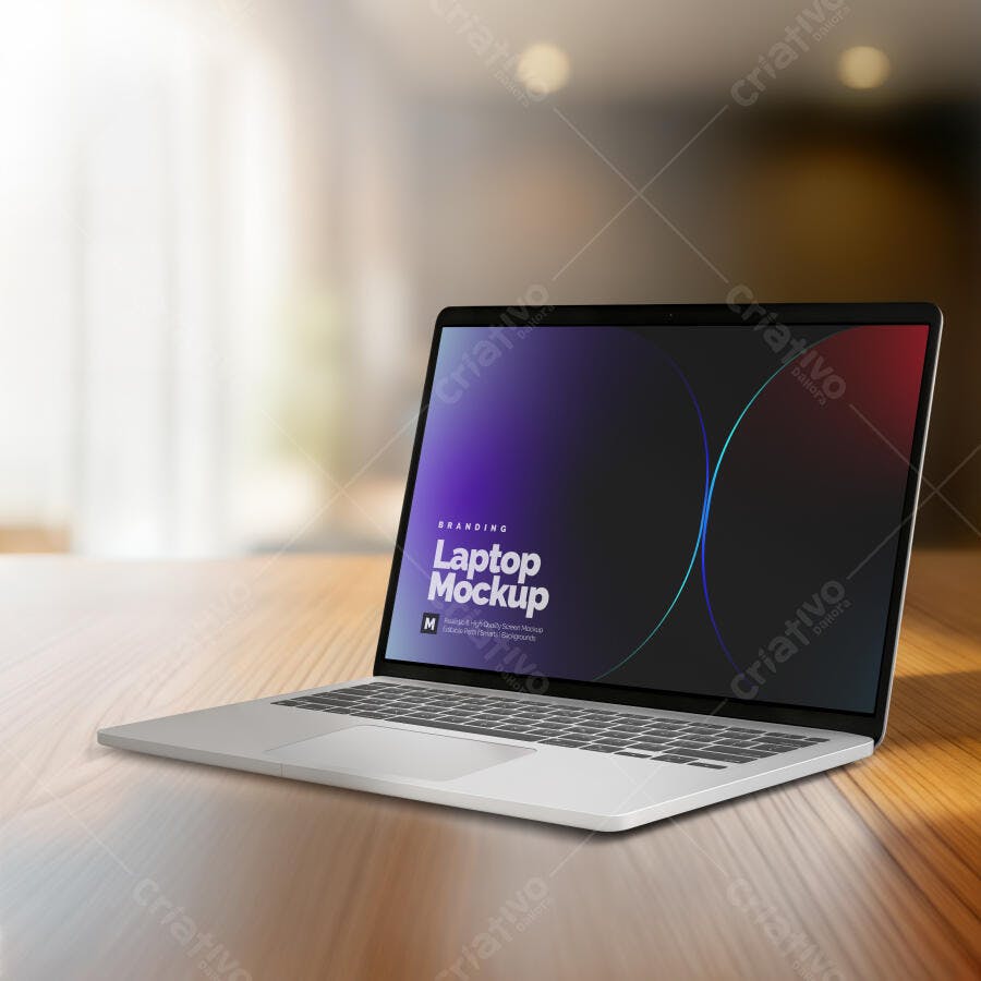 Mockup Realista de Notebook Prata Moderno em Mesa de Madeira com Tela Iluminada
