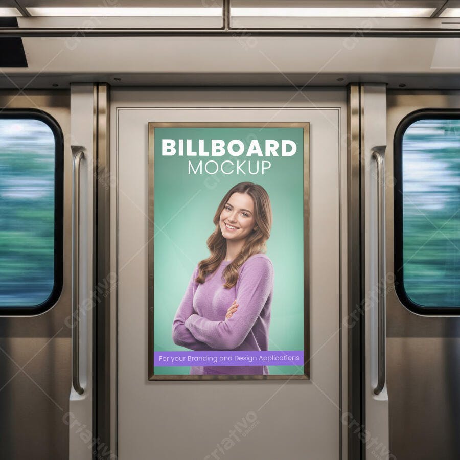 Mockup Painel Publicitário em Metrô, Anúncio Interno Moderno com Mulher Sorrindo