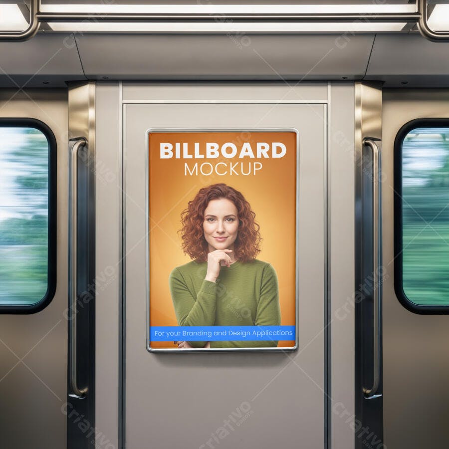 Mockup de Billboard Vertical em Metrô Urbano com Mulher Ruiva Sorrindo Laranja