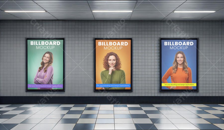 Mockup Painel Publicitário Metrô Realista com Três Outdoors de Mulheres Sorrindo