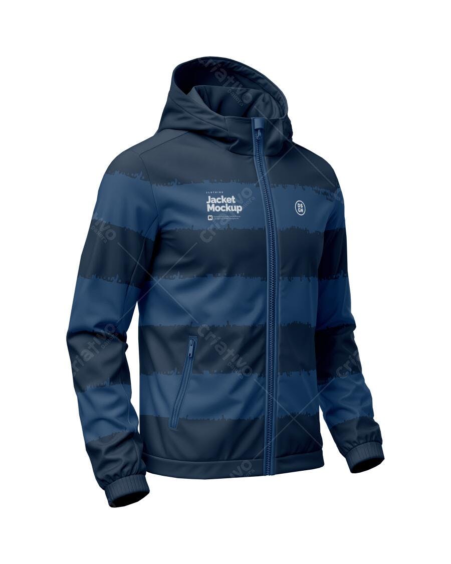 Mockup Realista de Jaqueta Corta-Vento Esportiva Azul Marinho com Listras Escuras