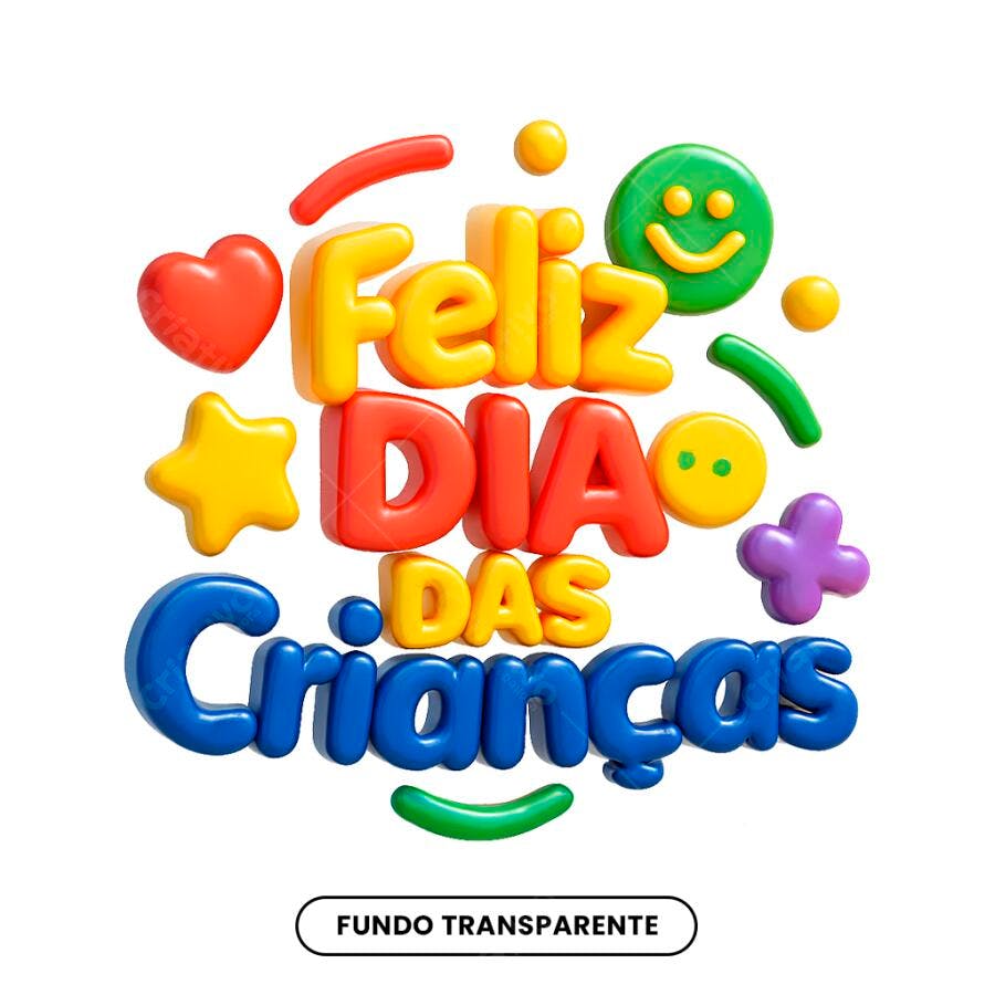 Arte para Dia das Crianças 12 de Outubro com texto 3D colorido PNG com fundo transparente