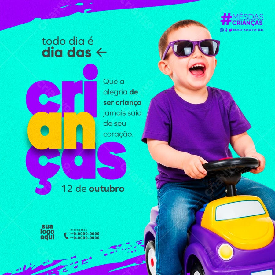 Flyer Dia das Crianças com Menino Feliz Carro de Brinquedo PSD Editável