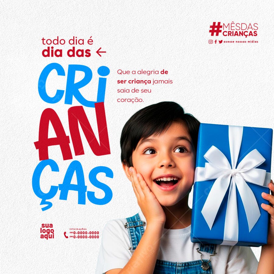 Flyer Dia das Crianças com Menino Sorrindo e Presente Azul PSD Editável