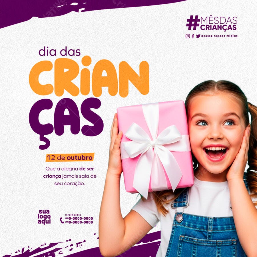 Flyer Dia das Crianças com Menina Alegre e Presente Rosa Psd Editável