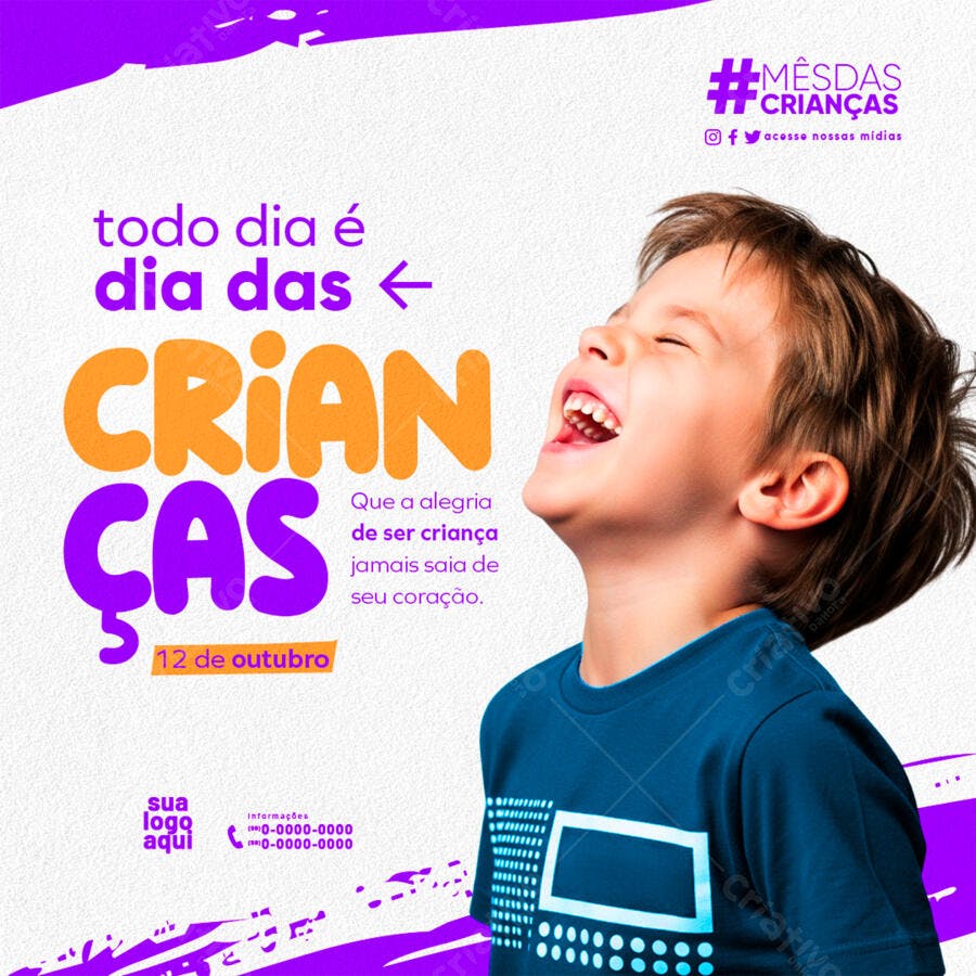 Post Redes Sociais Dia das Crianças Menino Rindo PSD Editável