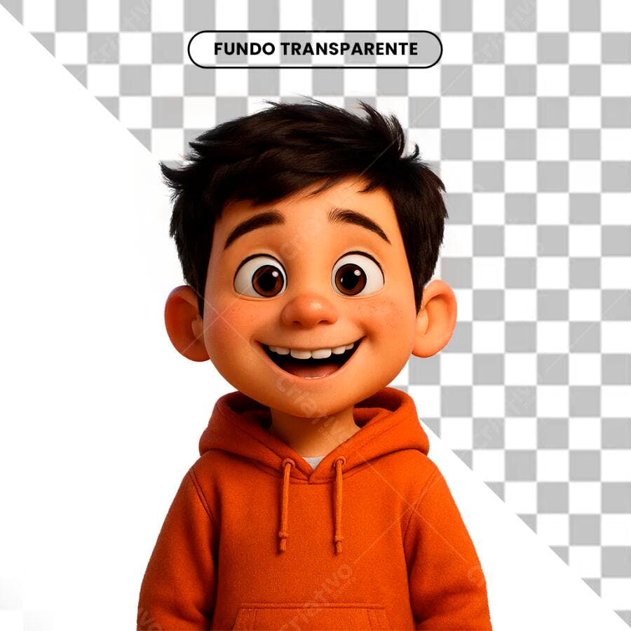 Ilustração 3D Menino Feliz de Capuz Laranja PNG com fundo transparente