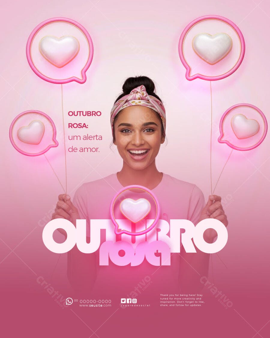 Flyer para Outubro Rosa Mulher Sorridente e Balões de Coração PSD Editável