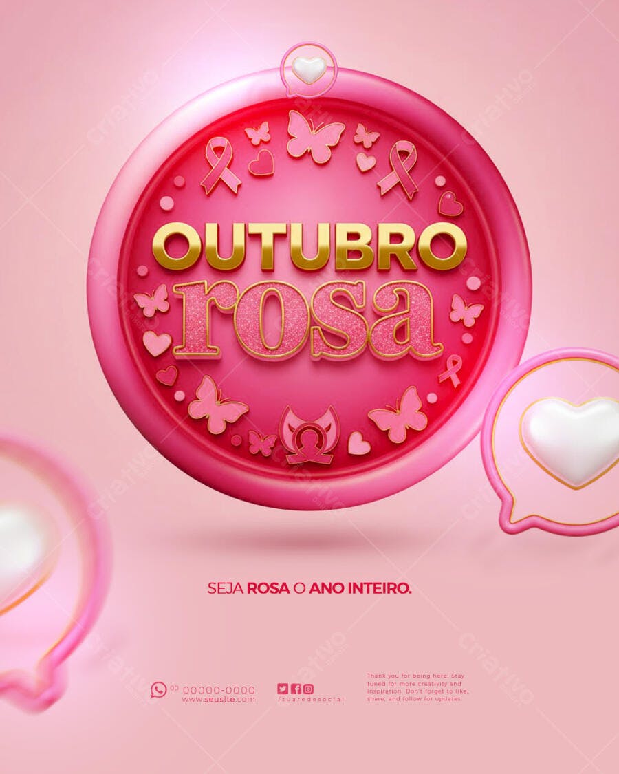 Flyer Outubro Rosa Fita Laço e Corações PSD Editável