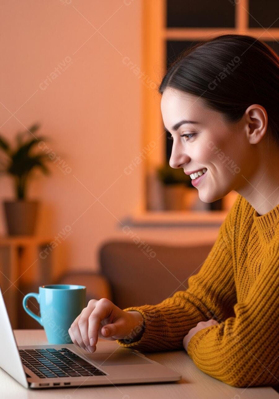Mulher caucasiana sorrindo no notebook com suéter amarelo em ambiente aconchegante noturno