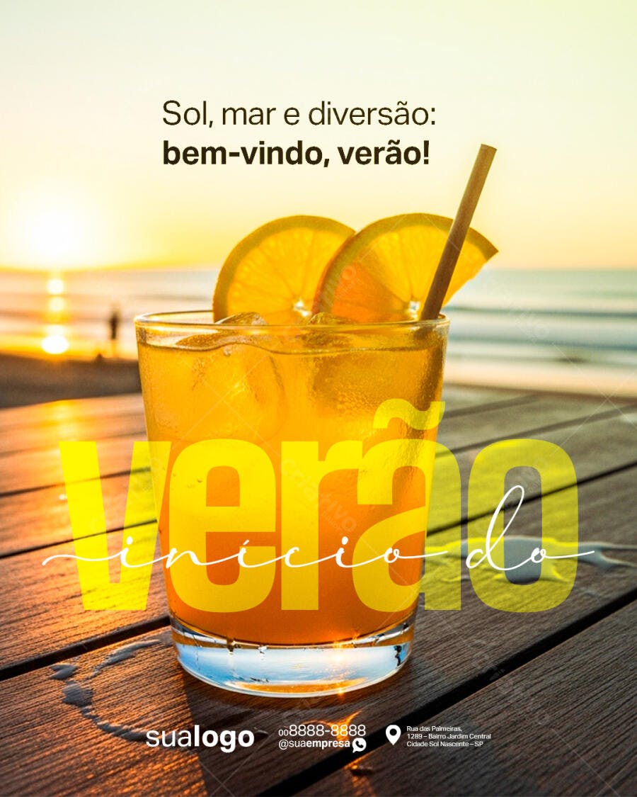 Flyer Bem-Vindo Verão com Coquetel de Praia Psd Editável