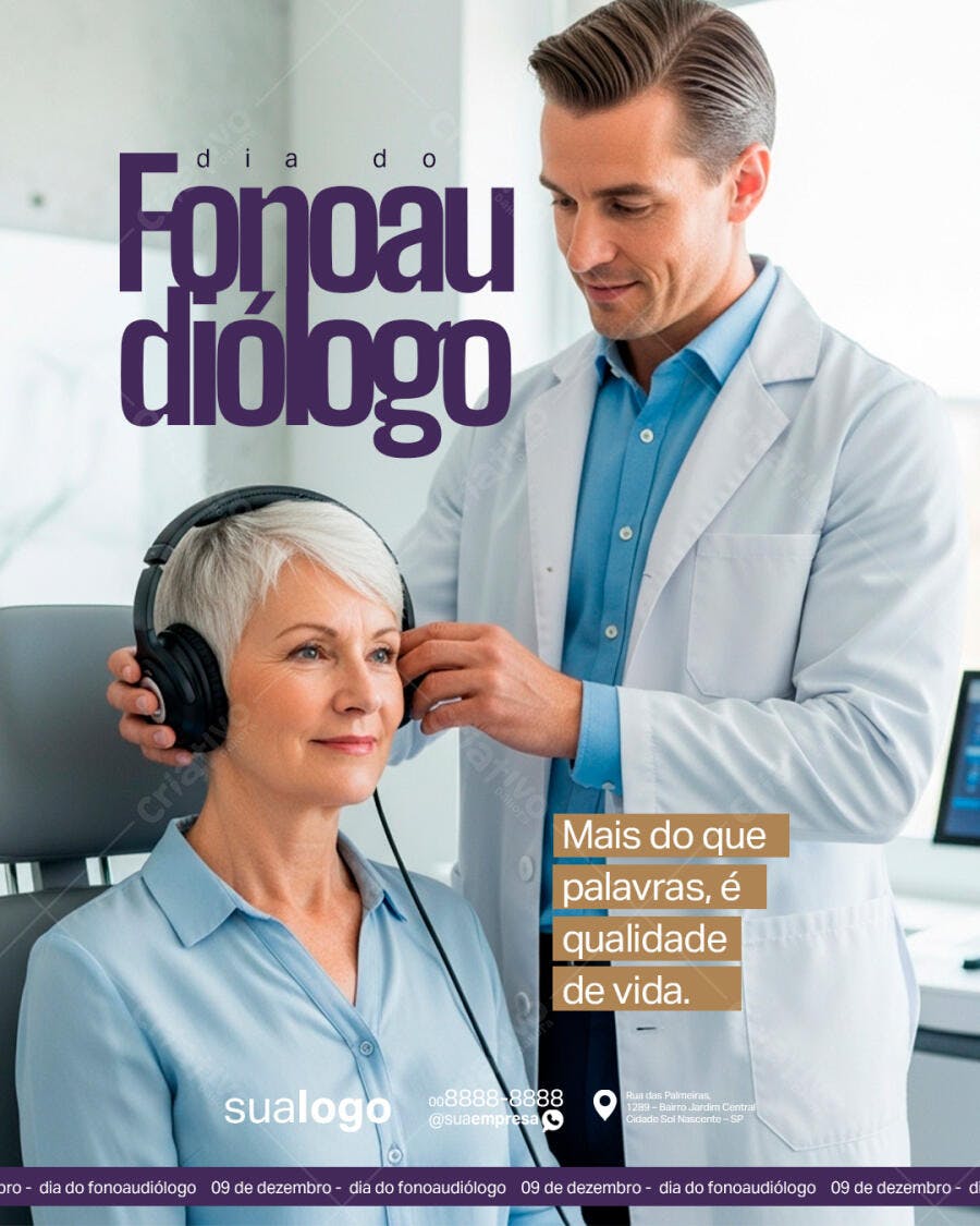 Flyer Dia do Fonoaudiólogo com Profissional e Paciente Sênior PSD Editável