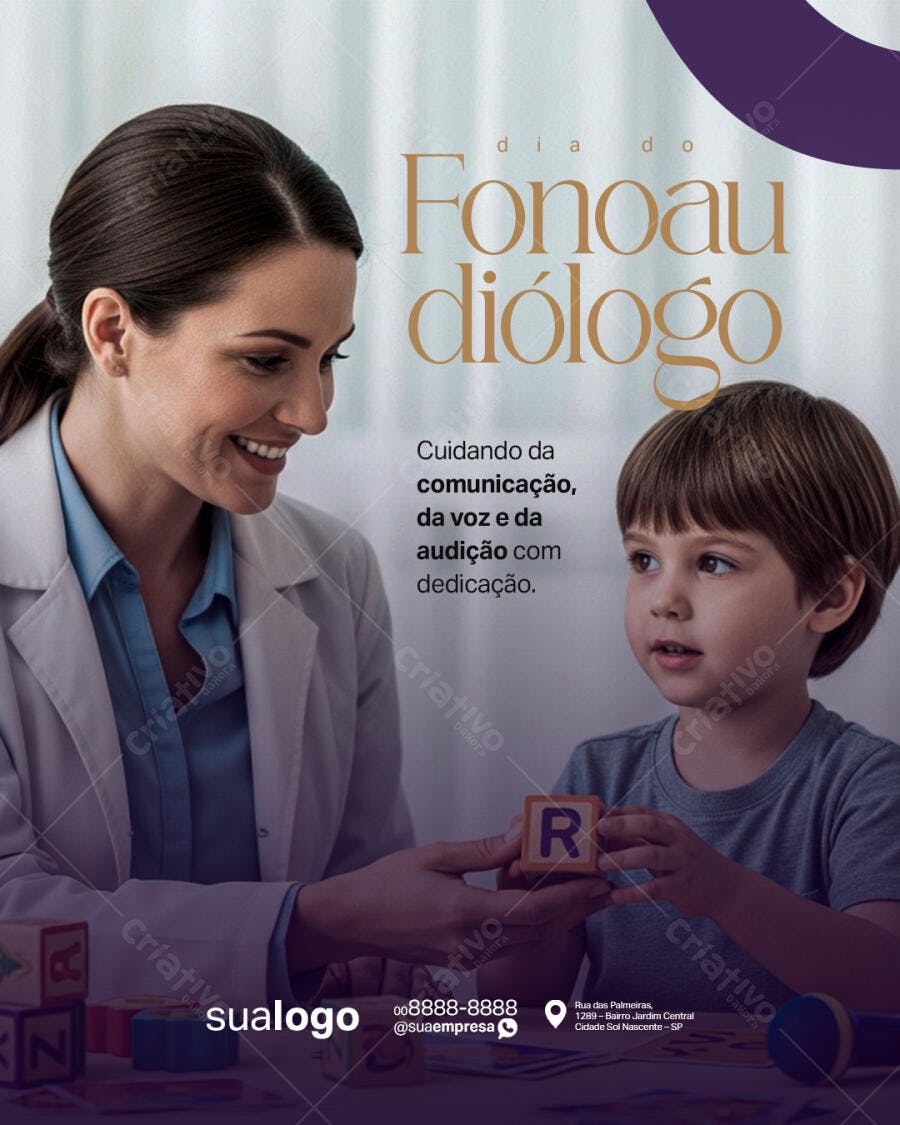 Flyer Dia do Fonoaudiólogo com Fonoaudióloga e Criança PSD Editável