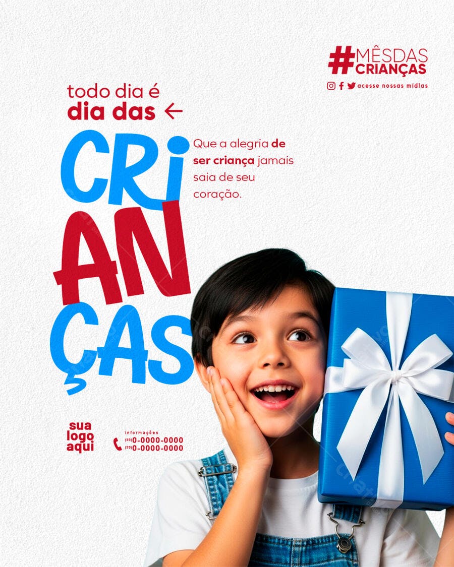 Flyer Dia das Crianças com Menino Sorrindo e Presente Azul PSD Editável