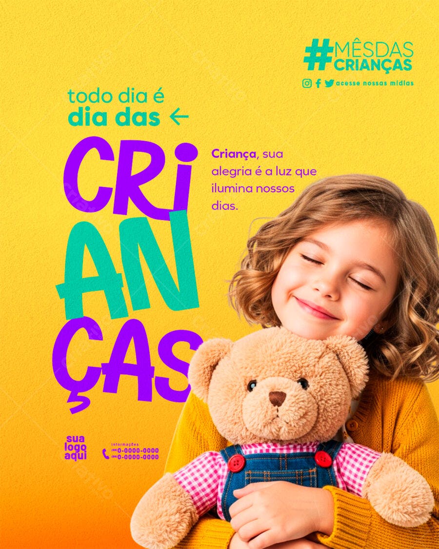 Post Mês das Crianças com Menina e Urso Feliz PSD Editável