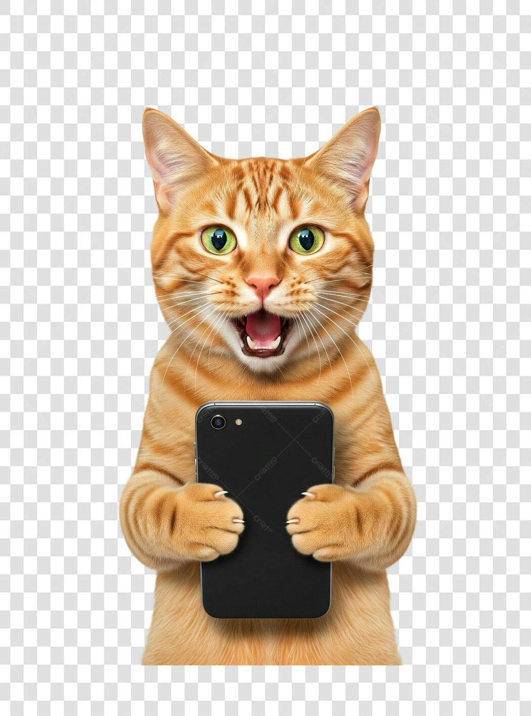 Imagem Gato Laranja com Celular Expressão Surpresa PNG com fundo transparente