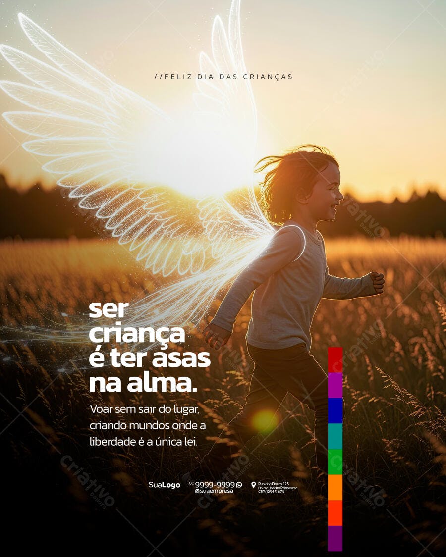 Flyer Dia das Crianças Criança com Asas Luminosas PSD Editável