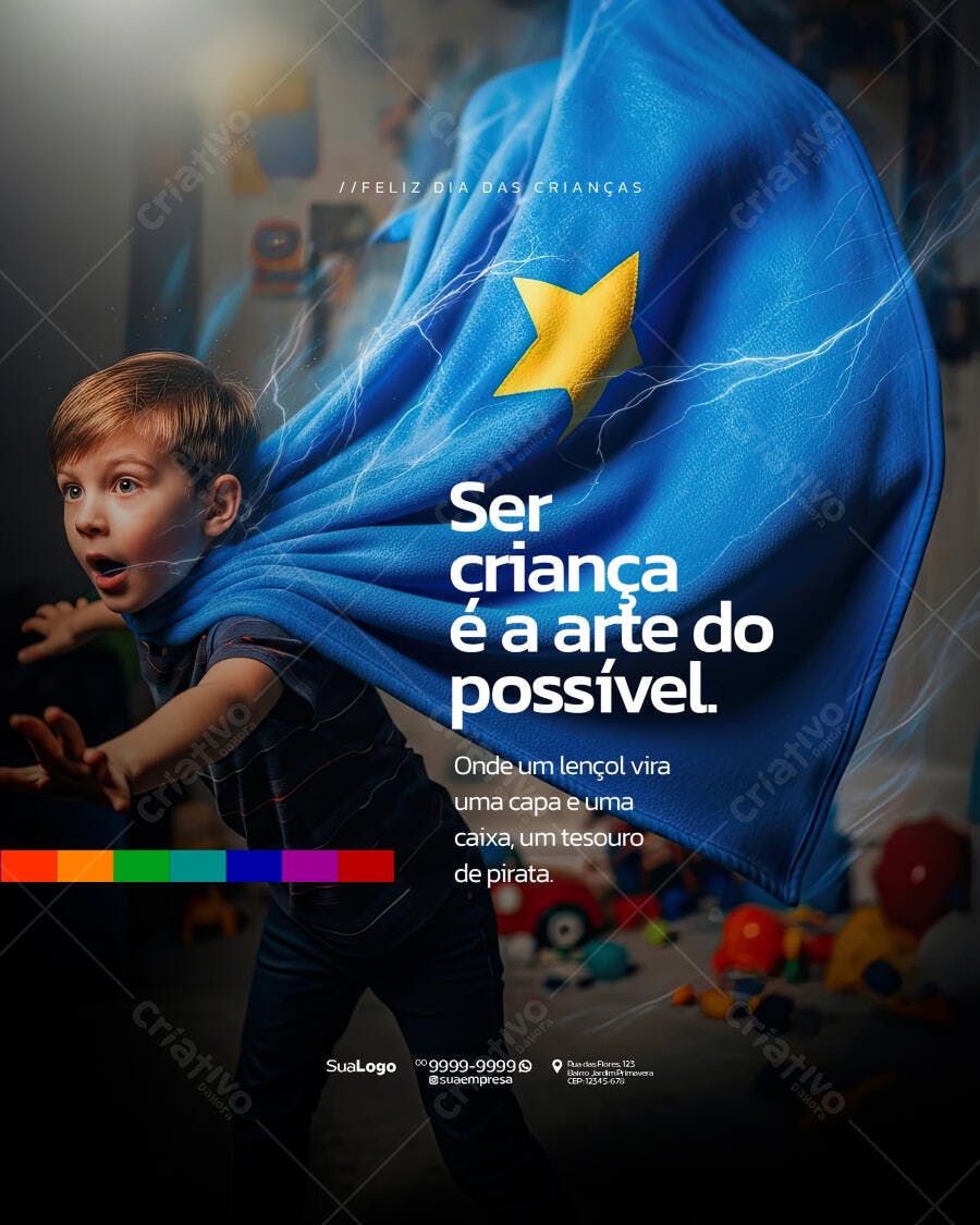 Post Redes Sociais para Dia das Crianças com Menino Super-Herói PSD Editável