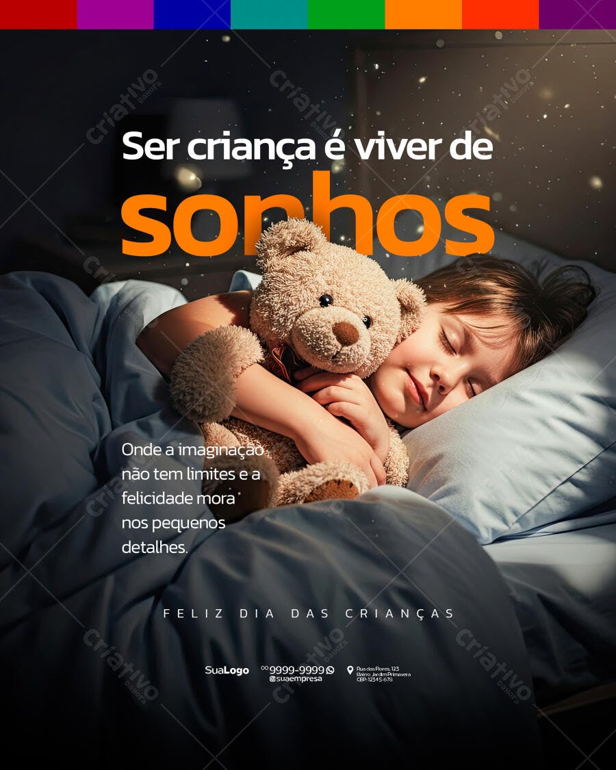 Flyer Dia das Crianças Criança Dormindo com Urso PSD Editável