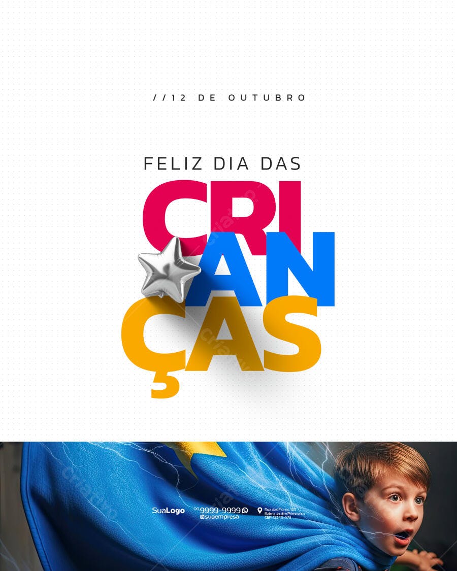 Flyer Dia das Crianças Menino Super-Herói Balão Estrela PSD Editável