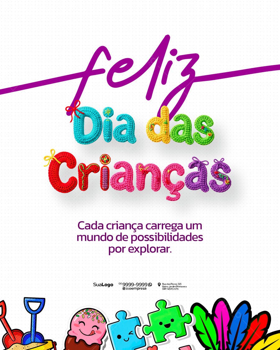 Flyer Dia das Crianças com Letras Crochê PSD Editável