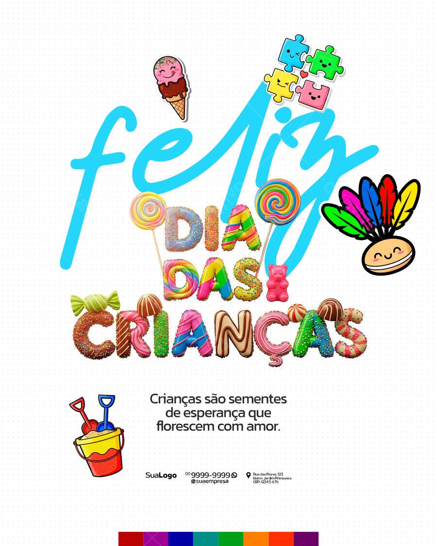 Flyer Feliz Dia das Crianças com Doces Coloridos PSD Editável