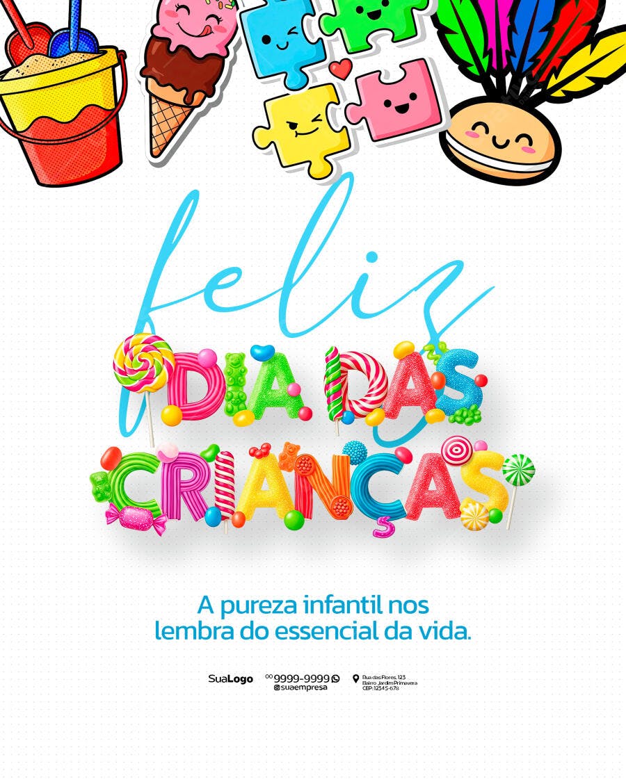 Flyer Feliz Dia das Crianças com Doces e Brinquedos PSD Editável