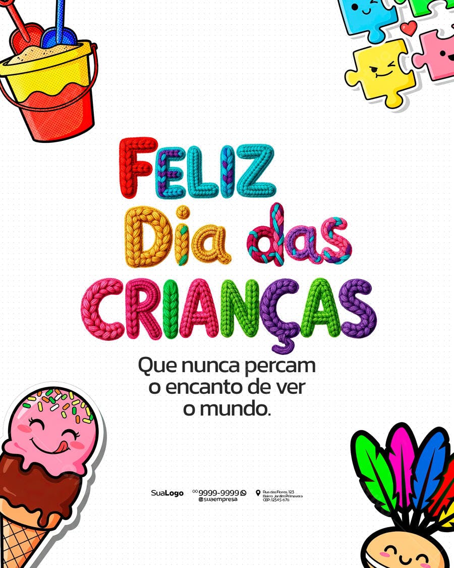 Flyer Feliz Dia das Crianças com Texto de Tricô Colorido PSD Editável