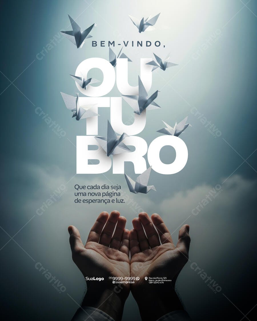 Flyer Mensagem Bem-Vindo Outubro com Origami PSD Editável