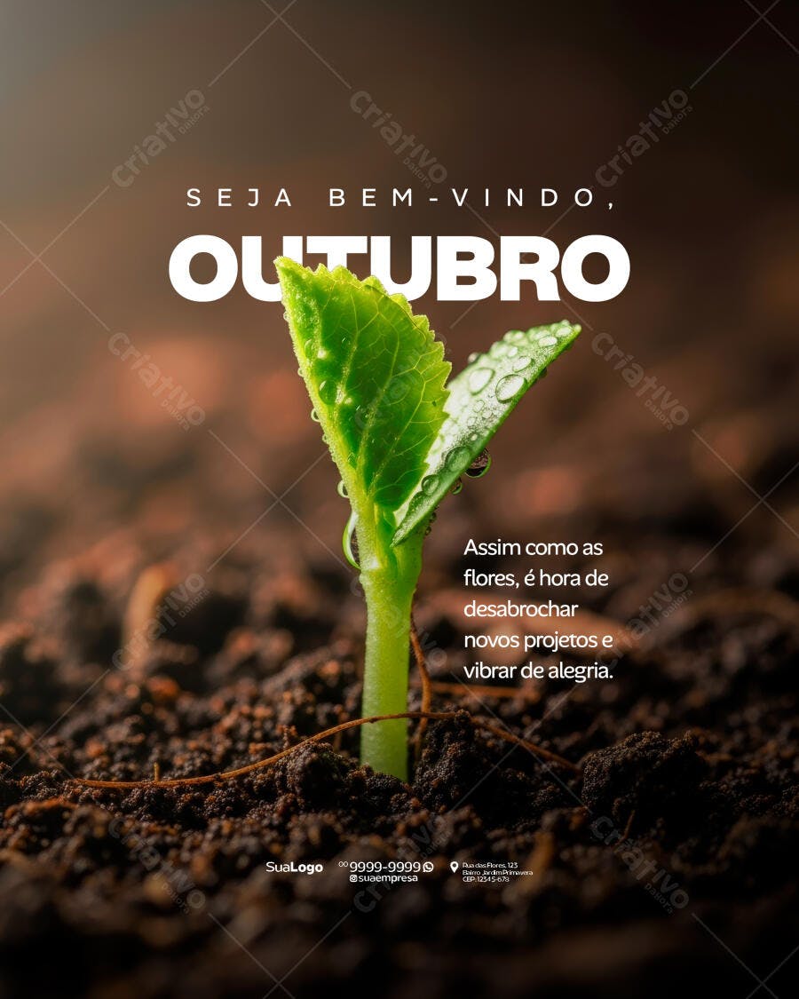 Post Rede Social Bem-Vindo Outubro Planta Crescendo Psd Editável
