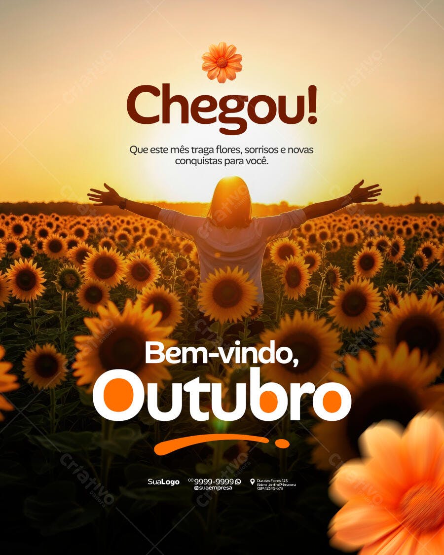 Flyer Boas-Vindas Outubro Campo Girassóis PSD Editável