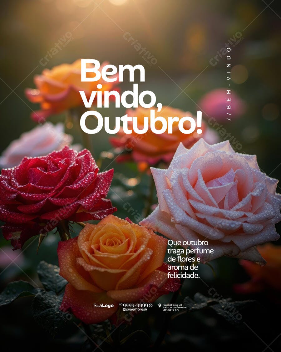 Post para Boas Vindas Outubro Rosas Orvalho Luz Dourada PSD Editável
