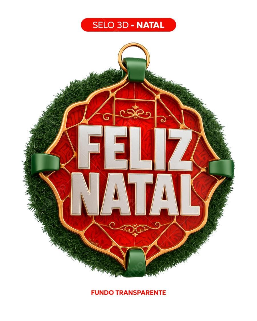 Selo 3D Natalino festivo dourado vermelho verde com Feliz Natal embossado