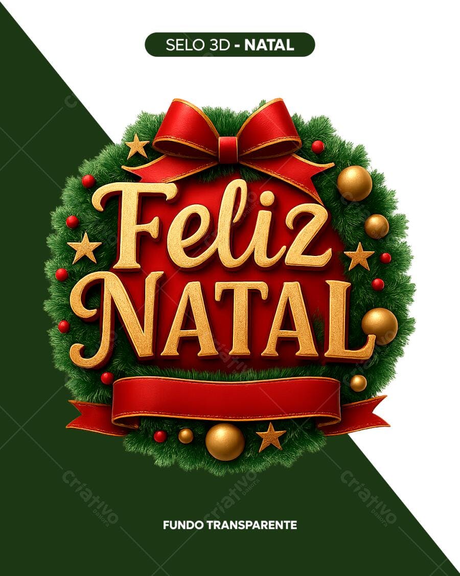 Selo 3D de Natal festivo dourado e verde com laço vermelho brilhante