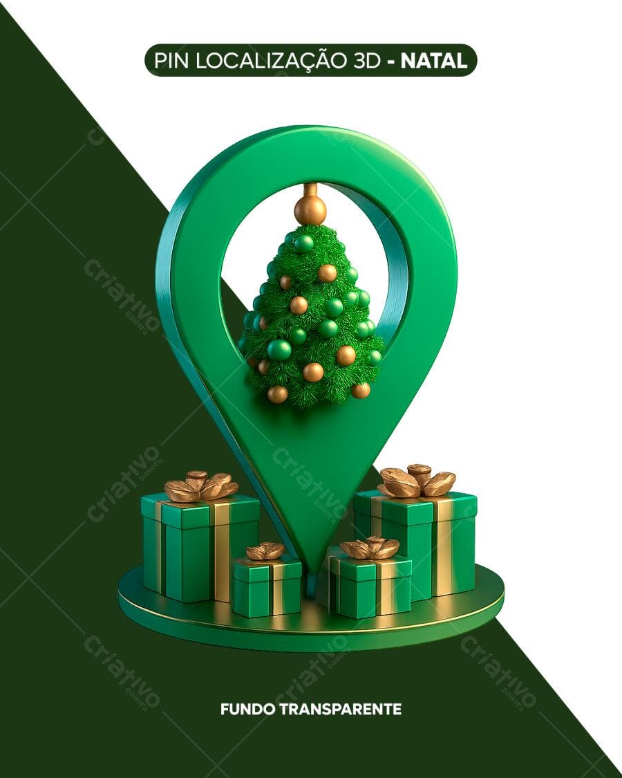 Selo 3D de localização de Natal verde e dourado com pin e presentes