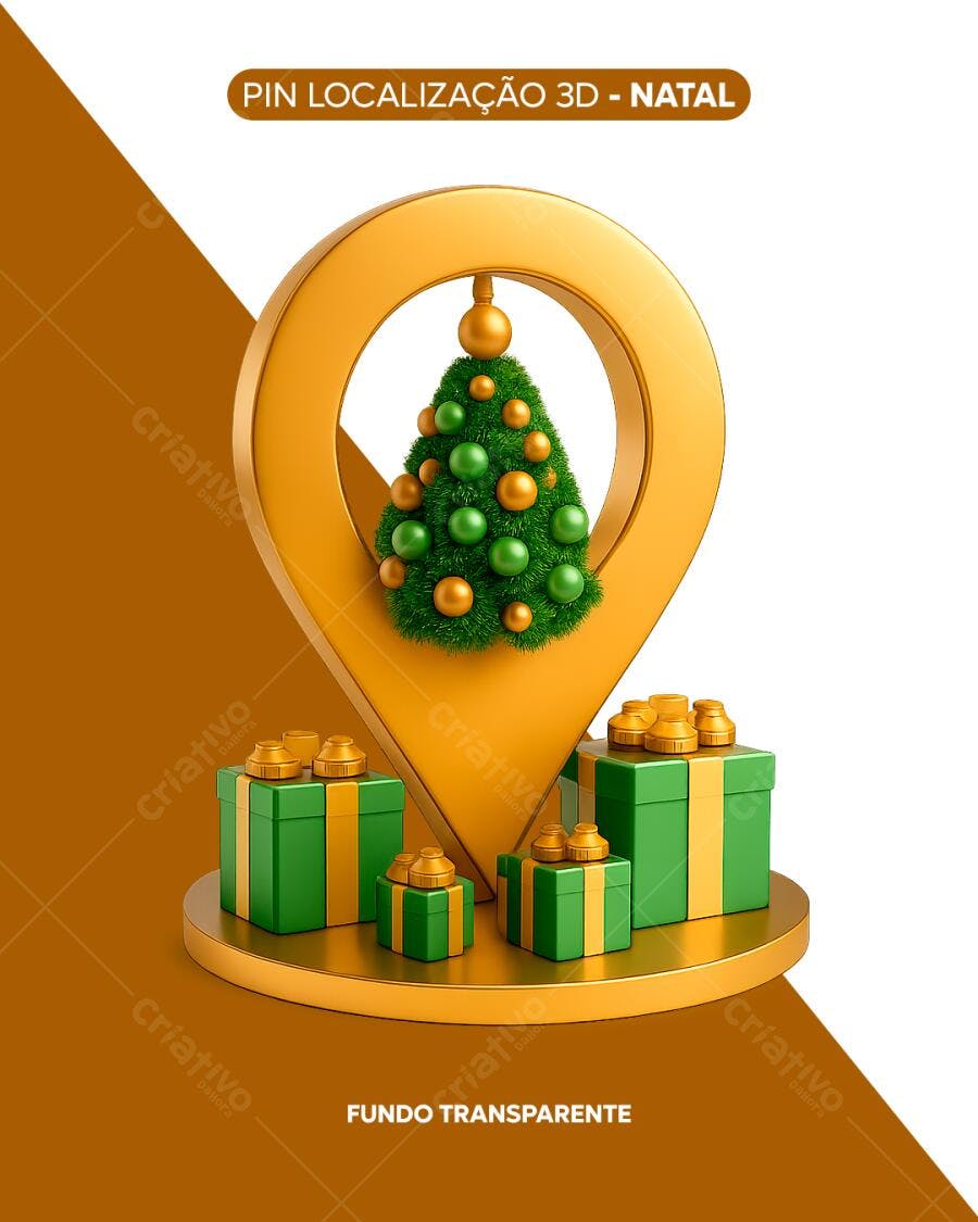 Selo 3D de localização natalina dourado e verde com árvore e presentes